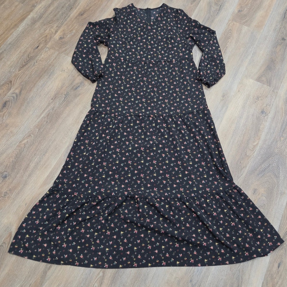 Black Floral Tiered Maxi Dress Long Sleeve Ditsy Print Cottagecore Large